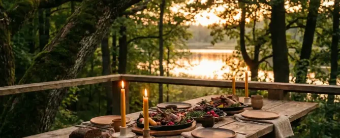 Kaarslicht diner op bostera met rustieke houten borden en wildgerechten, met eikenbomen en een glinsterende meer op de achtergrond.