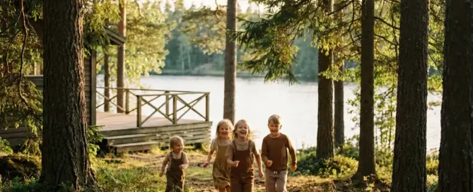 Kinderen spelen en rennen in een bosopen plek bij een meer, omgeven door hoge pijnbomen in warm middagzonlicht.