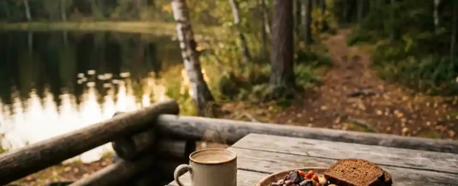 Dampende koffie en wild gerecht op verwaerd houten terras aan een meer in de Veluwe, omringd door dennenbomen in goudkleurig middaglicht.