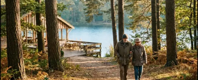 Ouder echtpaar wandelt over bospad op de Veluwe, met restaurantterras aan het meer zichtbaar tussen de pijnbomen in gouden avondlicht.