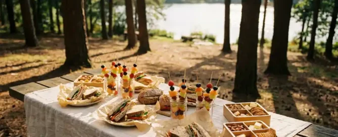 Houten picknicktafel met zelfgemaakte sandwiches, fruitspiesjes en snackdoosjes op een terras in de Veluwe, omringd door dennenbomen en een meer.