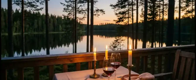 Romantisch diner voor twee op houten terras bij schemering, wijnglazen in gouden avondlicht, dennenbomen weerspiegeld in een stil bosmeer.