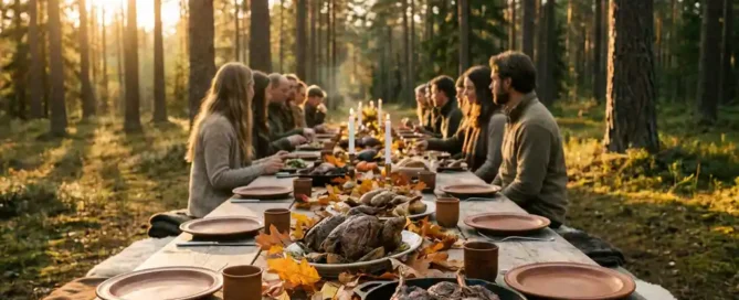 Rustieke houten feesttafel in herfstbos met wild gerecht, aardewerk borden en gouden avondlicht door dennenbomen.