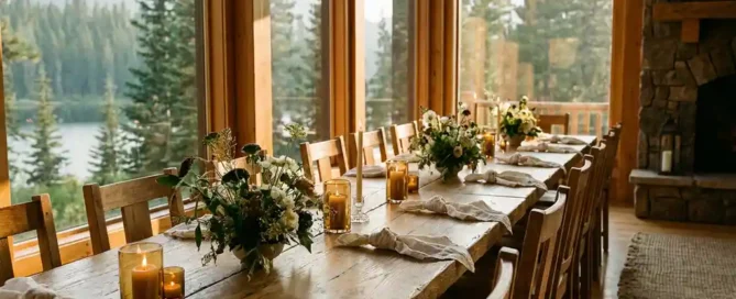 Rustieke eiken banquettafel met linnen servetten, kaarsen en wildbloemstukken in een boslocatie op de Veluwe met uitzicht op het meer.