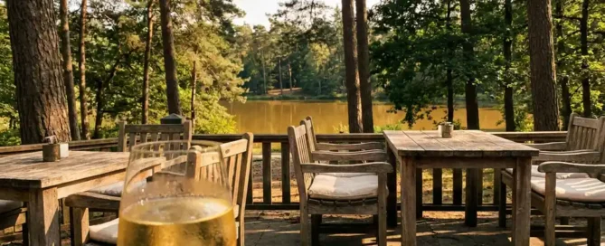 Zonnig restaurantterras aan een bosmeer op de Veluwe met houten meubels, linnen kussens en een glas witte wijn in middaglicht.
