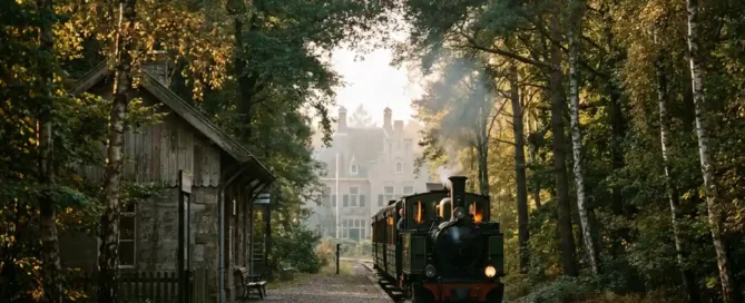 Vintage trein arriveert op rustiek Veluwe-station, omgeven door herfstbos met amberkleurig en donkergroen gebladerte in warm middaglicht.