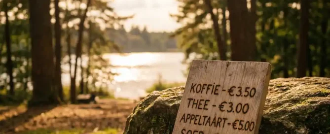 Rustiek houten prijskaartje tegen een met mos bedekte steen op een bosterras bij het Uddelermeer op de Veluwe.