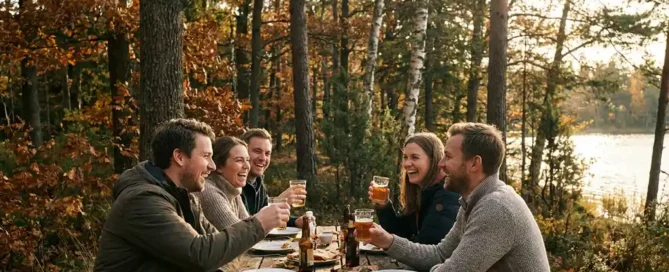 Collega's proosten aan een verweerde houten tafel in het Veluwse bos, met herfstkleuren en een glimp van het meer op de achtergrond.