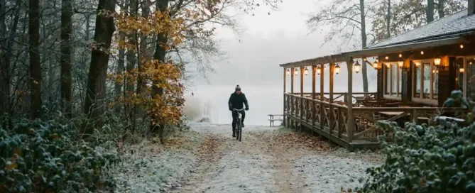 Berijpte bospad op de Veluwe met fietser richting verlicht restaurantterras aan mistig meer, omzoomd door kale eiken met amber bladeren.