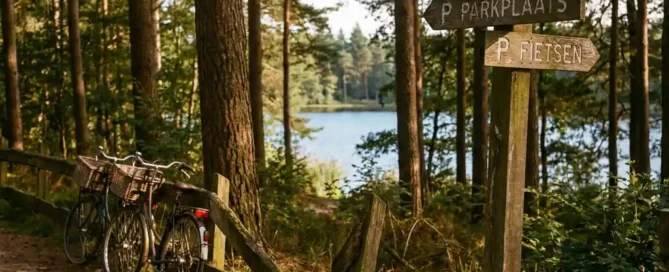 Verouderd houten parkeerbord op bospad in de Veluwe, fietsen tegen een bemoste omheining, rustig meer zichtbaar tussen de pijnbomen.