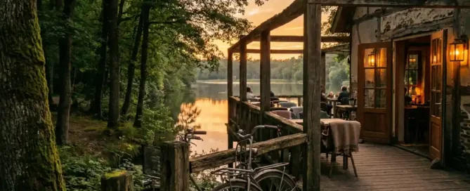 Rustiek houten restaurantterras aan een spiegelglad meer in het Veluwse bos bij gouden uur, met fiets tegen bemoste paal.