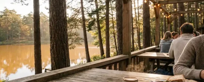 Rustiek houten terrasrestaurant tussen Veluwse pijnbomen met koffie en wildgerecht op eikenhouten tafel bij gouden uur.