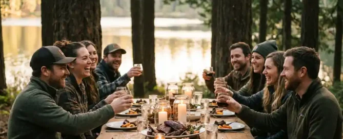 Collega's lachen samen aan een rustieke houten tafel met wildgerechten in de Veluwse natuur, omringd door dennenbomen en kaarslicht.