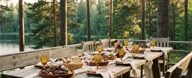 Rustieke eiken tafel op een terras aan het water in de Veluwe, gedekt voor een groepsdiner met wildgerechten en wijnglazen in gouden middaglicht.