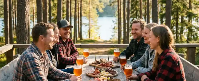 Collega's lachen samen aan een houten terrastafels op de Veluwe, met bier en wildcharcuterie, het Uddelermeer zichtbaar tussen de pijnbomen.