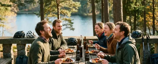 Collega's lachen samen aan een houten tafel op een bosterras in de Veluwe, met fietshelmenten en wandelspullen, wildgerechten en craft drinks in middagzon.