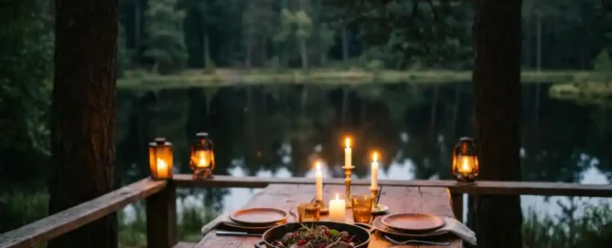 Rustieke houten tafel met kaarslicht en wild gerecht op een terras aan het Veluwemeer, omringd door dennenbomen in de schemering.