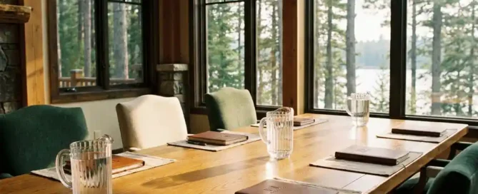 Gepolijste eiken vergadertafel met glazen waterkannen en leren notitieboeken in een bosresort op de Veluwe, met uitzicht op dennenbomen en een meer.