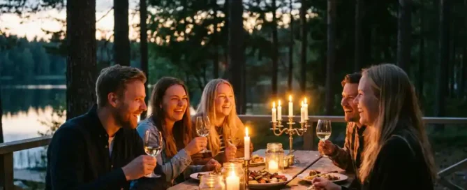 Vrienden lachen samen aan een rustieke houten tafel op een kaarslicht terras in het Veluwse bos bij schemering.