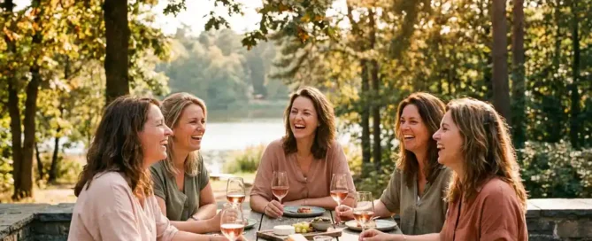Vrouwen lachen samen op een zonnig terras in de Veluwe, met glazen rosé en hapjes op tafel, omringd door bosgroen en een meer.