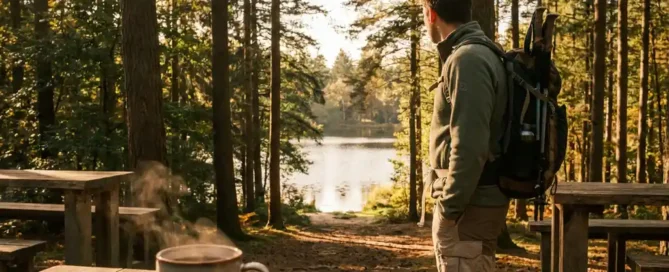 Wandelaar op bosrestaurant terras in de Veluwe met dampende koffie, omringd door pijnbomen en een rustig meer op de achtergrond.