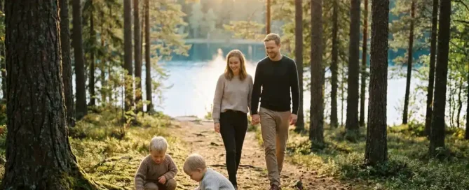 Jong gezin wandelt op een bospad op de Veluwe, kinderen ontdekken mosrijke boomwortels, kalm meer zichtbaar tussen de pijnbomen.
